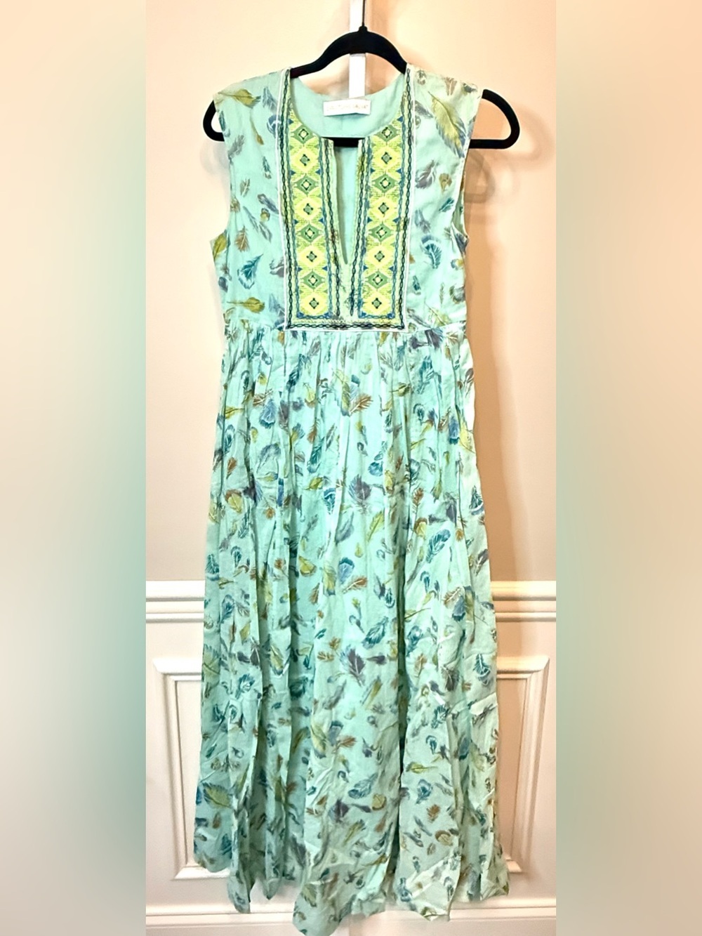 Christophe Sauvat 100% Cotton Feather Print Maxi Dress Embroidered Boho S